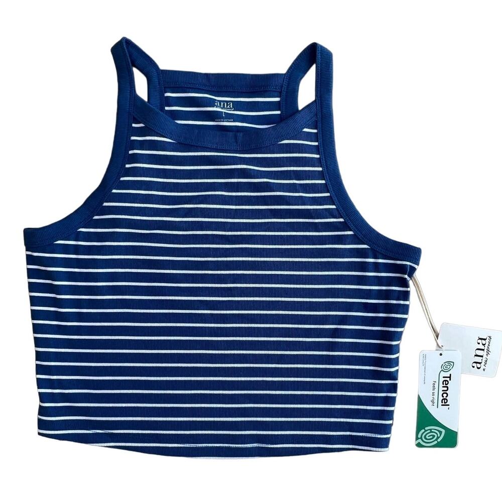 a.n.a Women’s L Blue & White‎ Stripe Cropped Tank Tencel Eco-Soft Fabric NWT